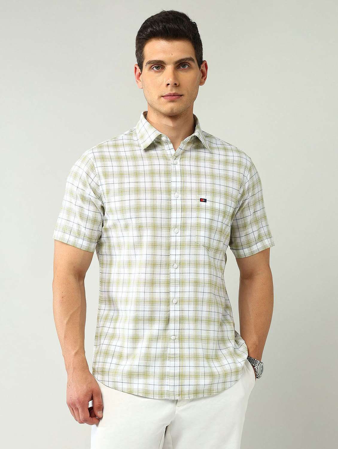 men checkered short sleeve regular fit casual shirt