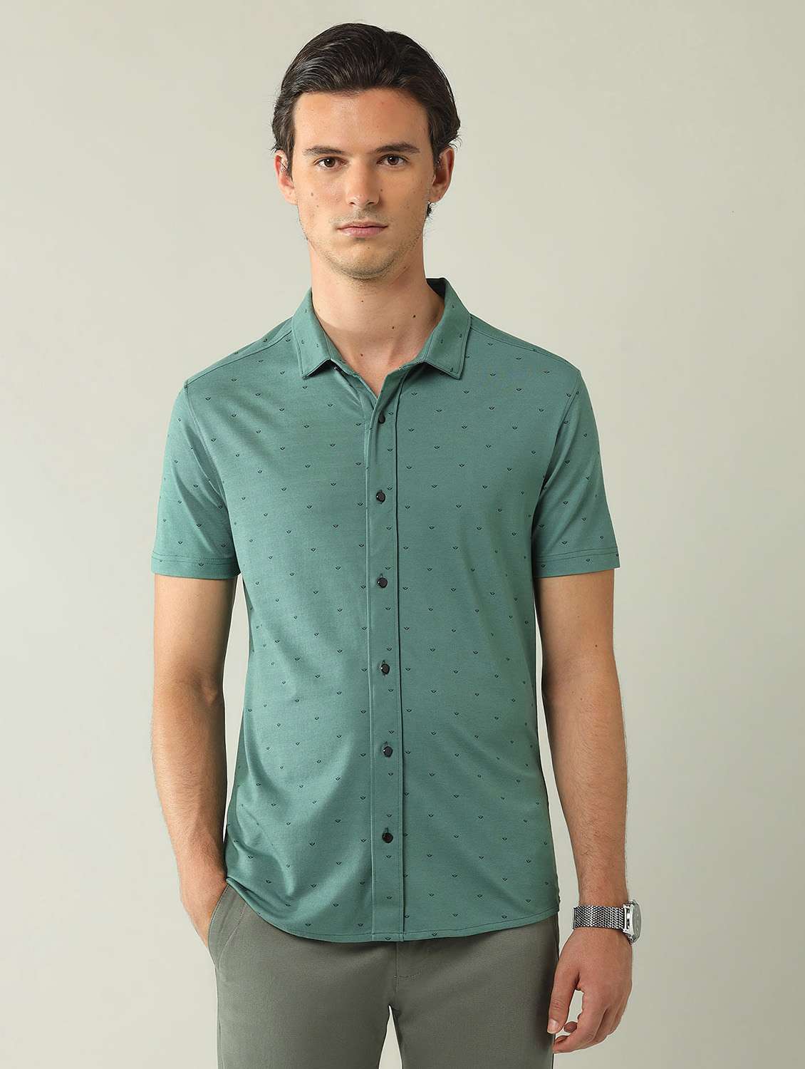 men printed short sleeve regular fit casual shirt