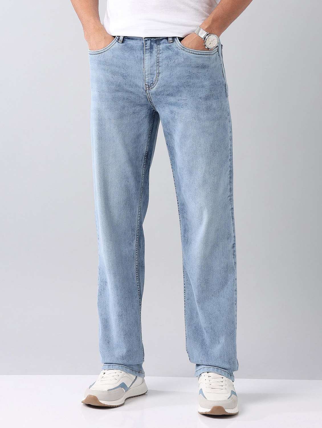 men washed mid rise full length jeans