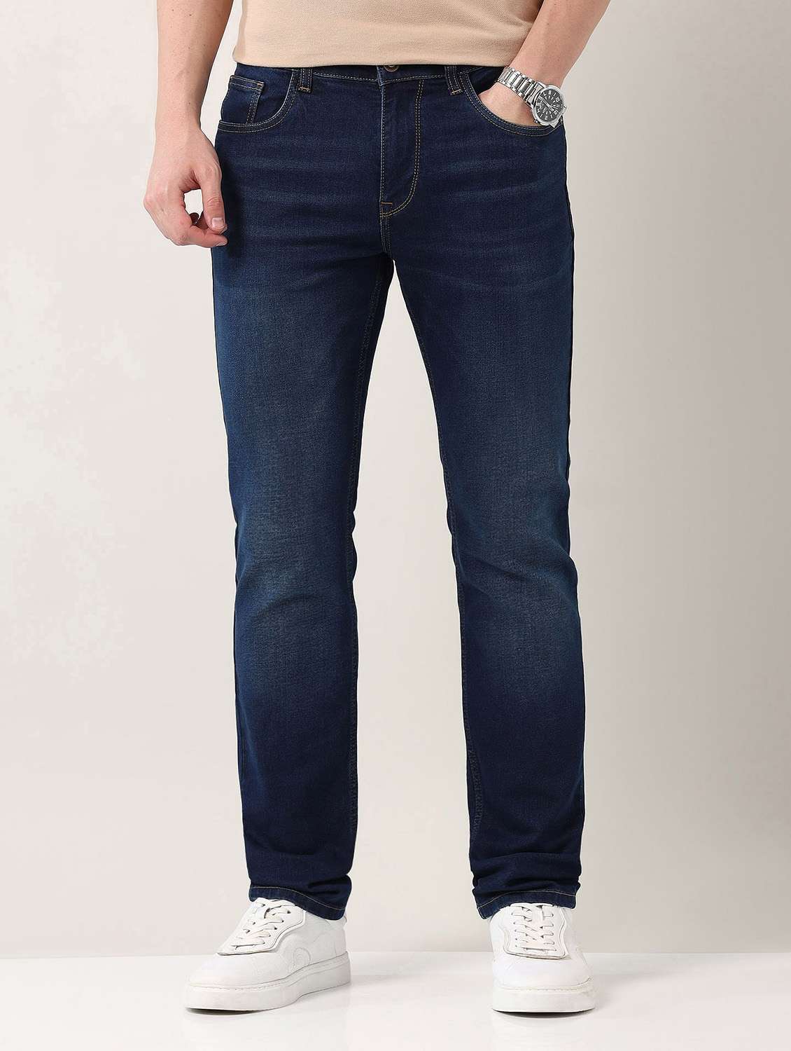 men washed mid rise full length jeans