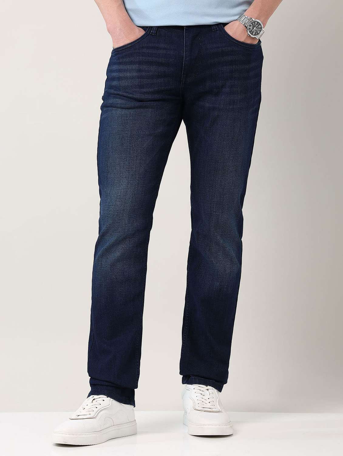 men washed mid rise full length jeans
