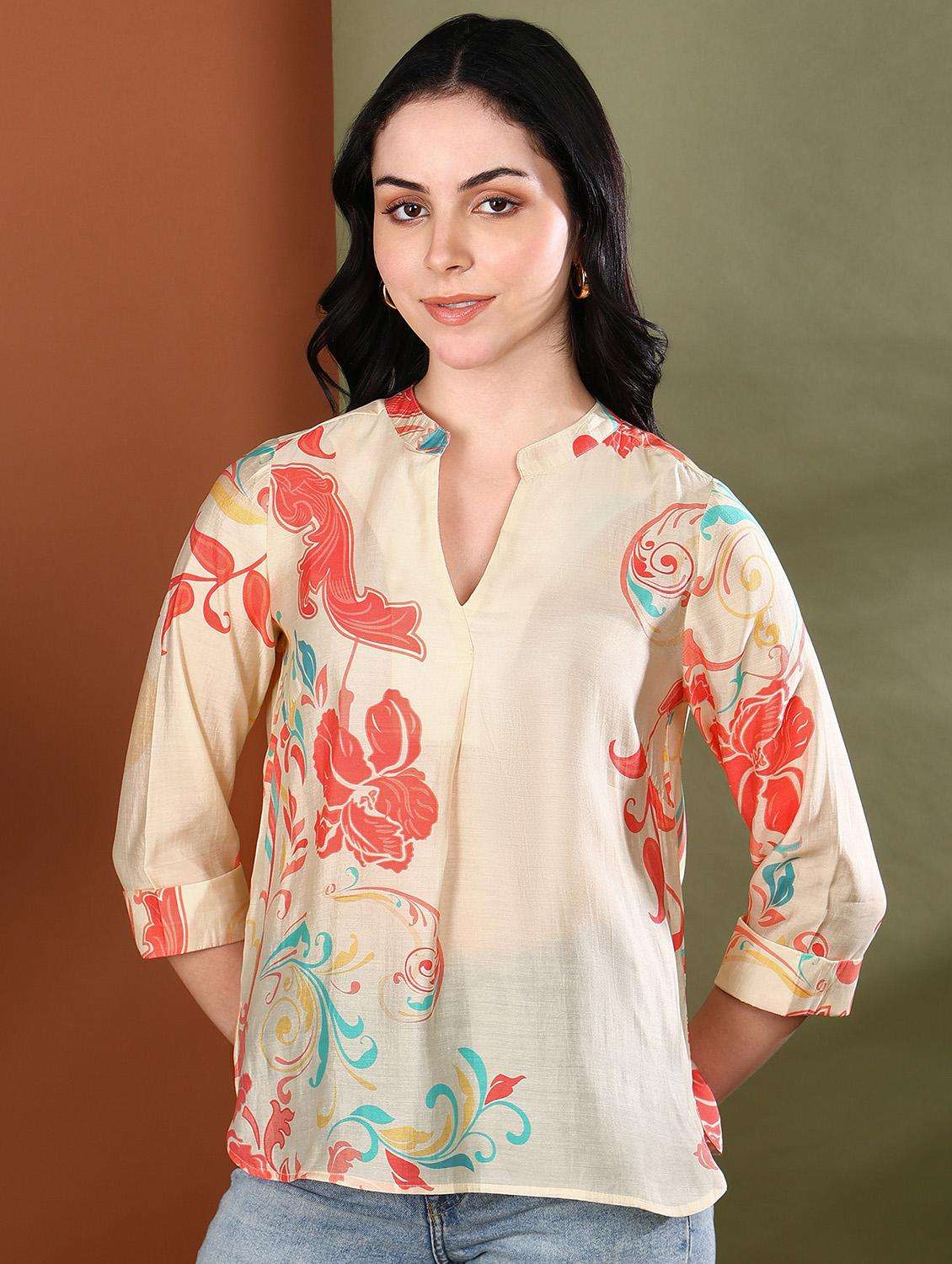 women cream three quarter sleeve ethnic top - 21943515 -  Standard Image - 2