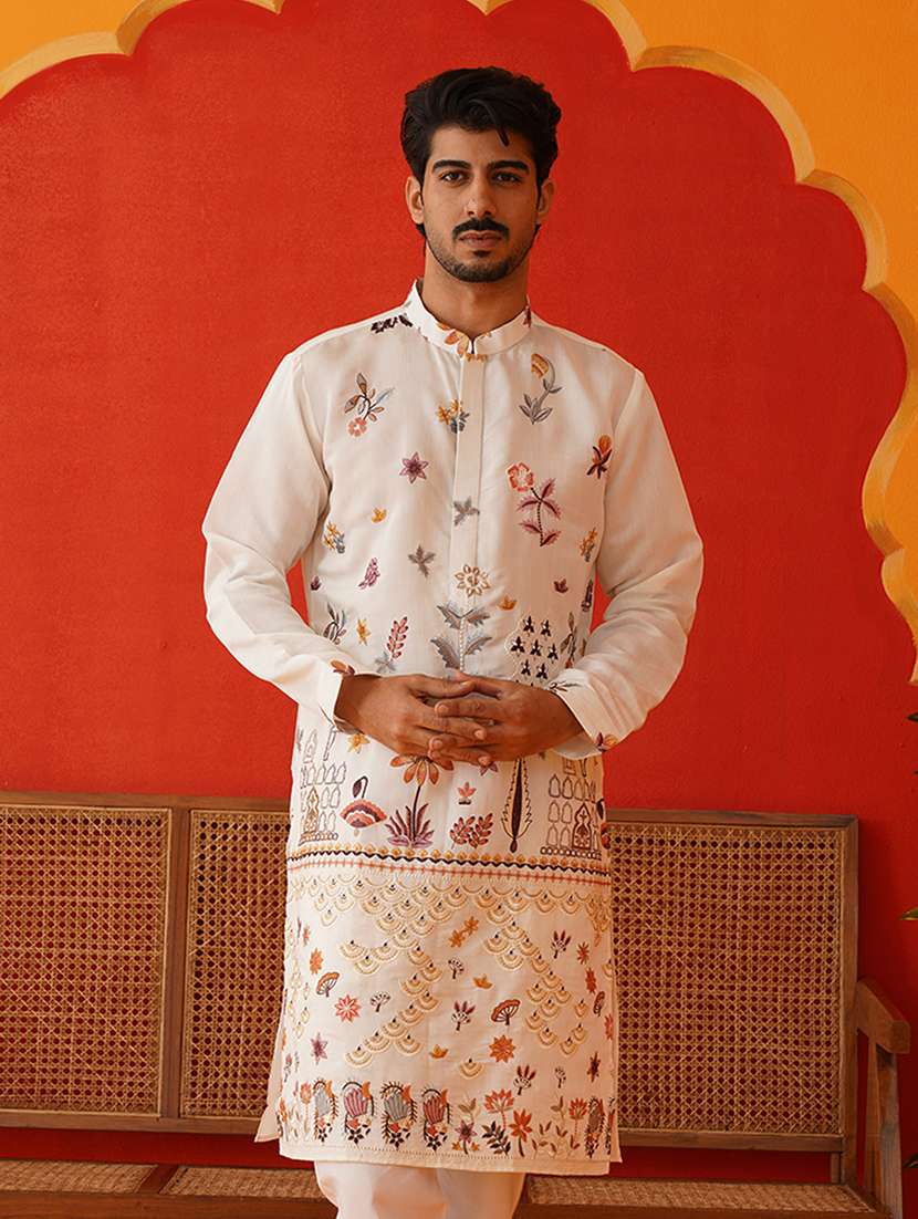 white silk blend long  kurta