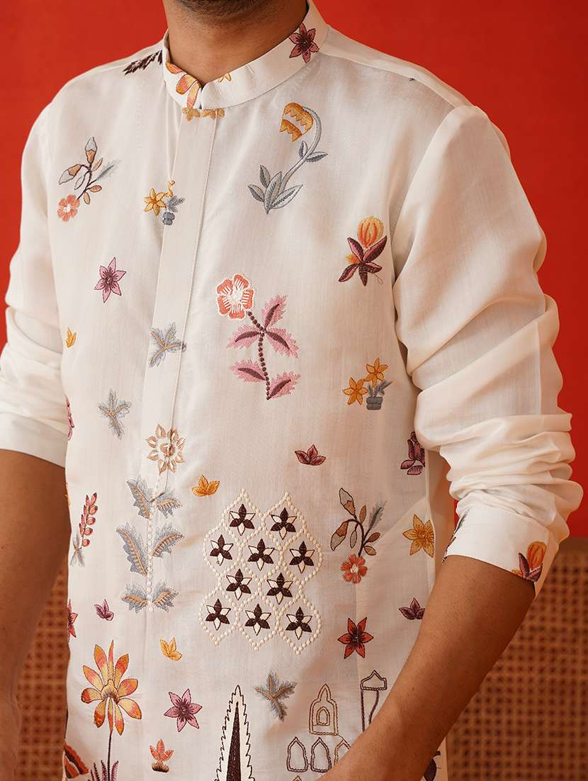 white silk blend long kurta - 21943552 - Standard Image - 2