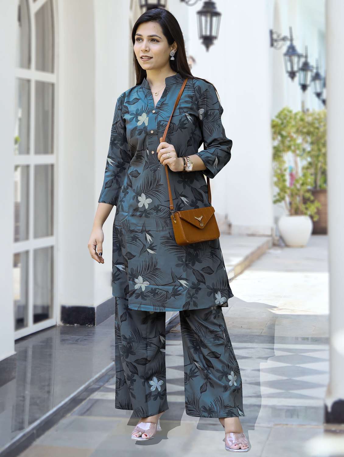 women three quarter sleeve kurta palazzo set