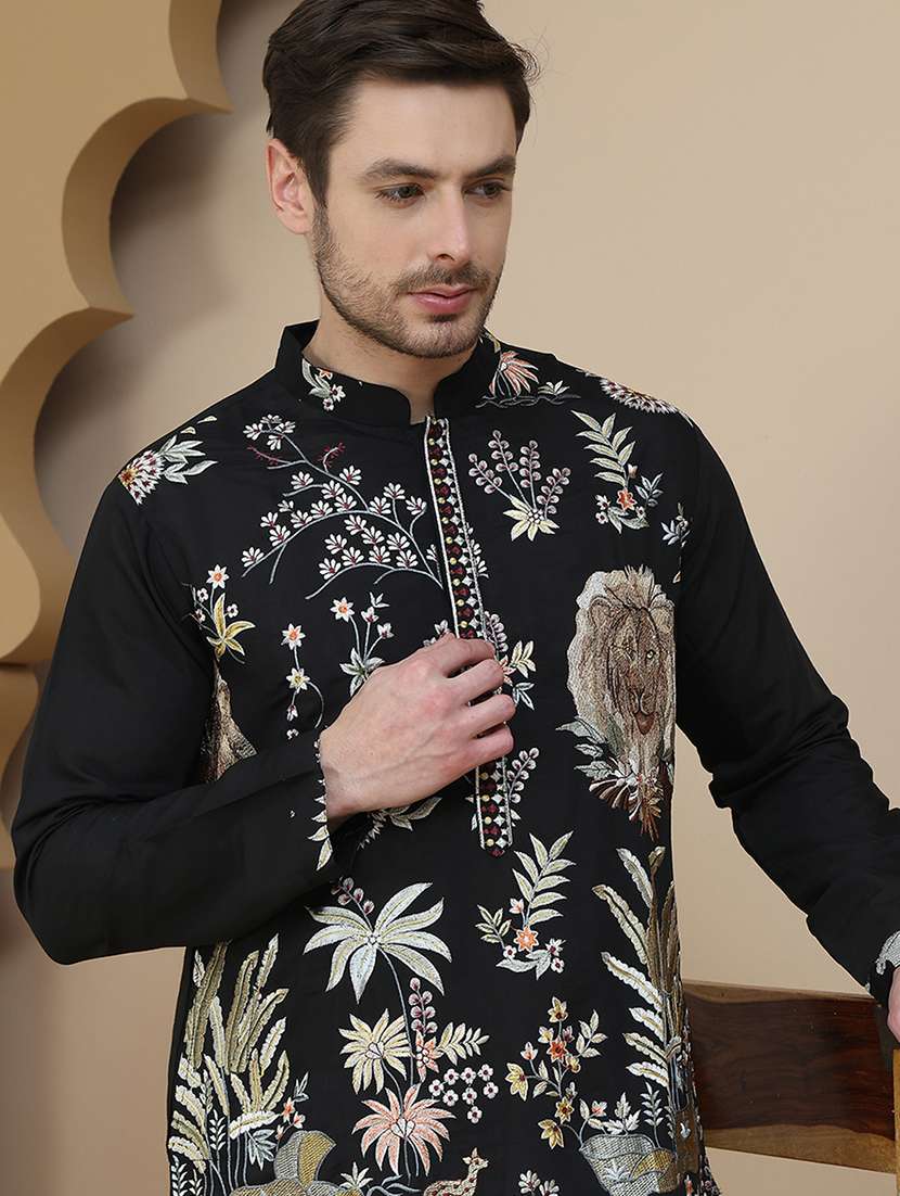 men embroidered mandarin neck long kurta - 21943616 -  Standard Image - 2