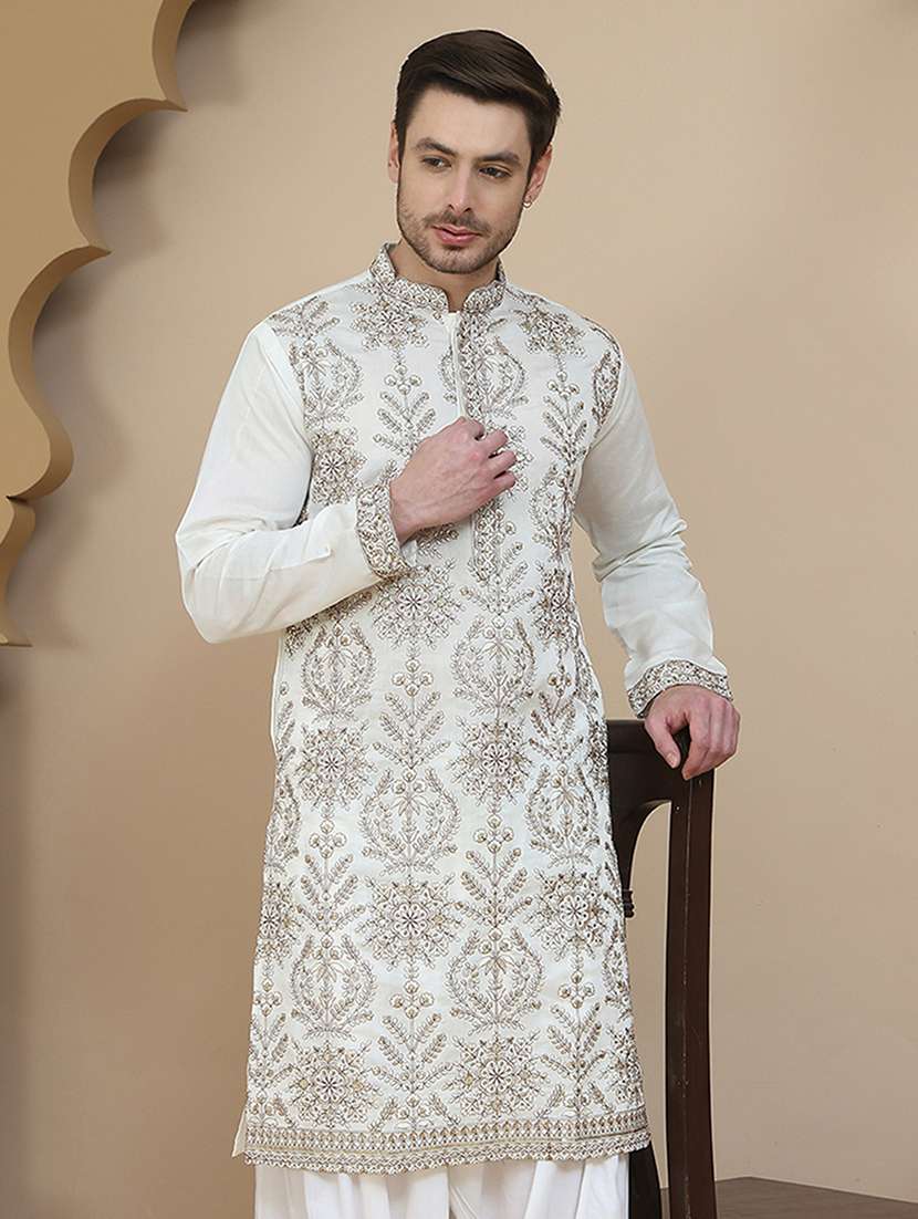 men embroidered mandarin neck long kurta