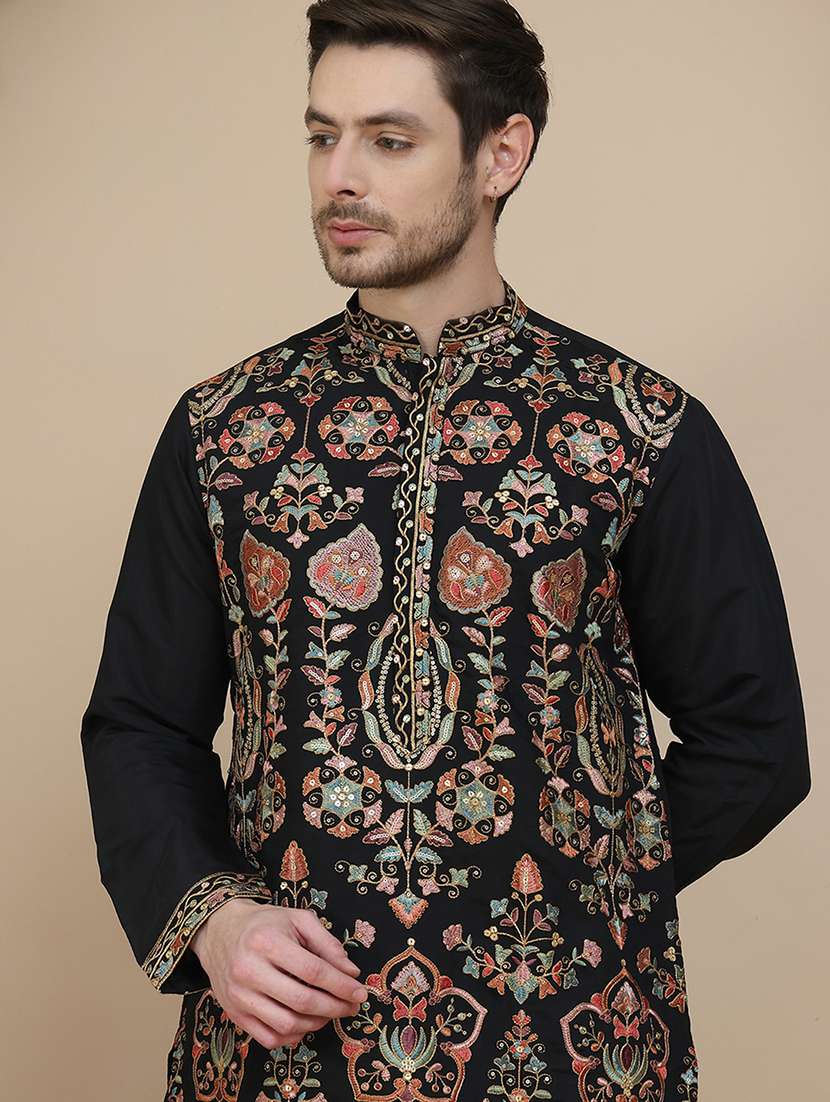 men embroidered mandarin neck long kurta - 21943620 - Standard Image - 2