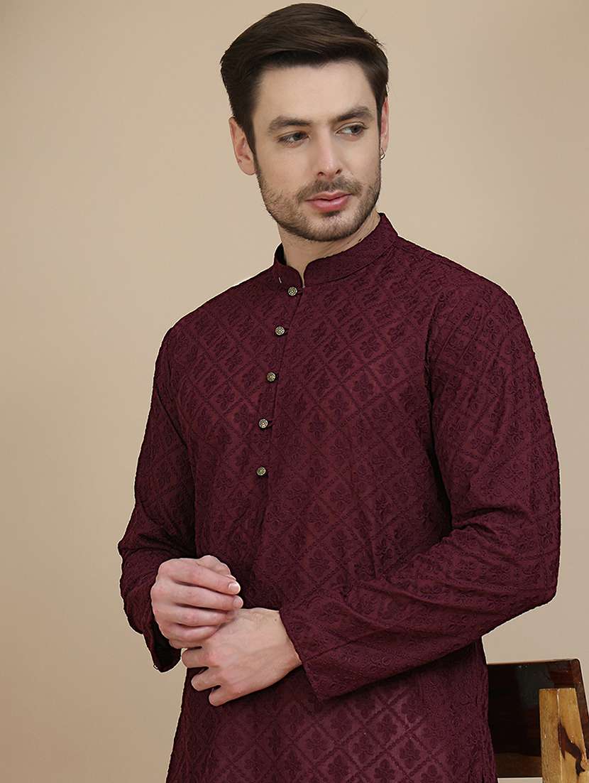 men embroidered mandarin neck long kurta - 21943622 -  Standard Image - 2