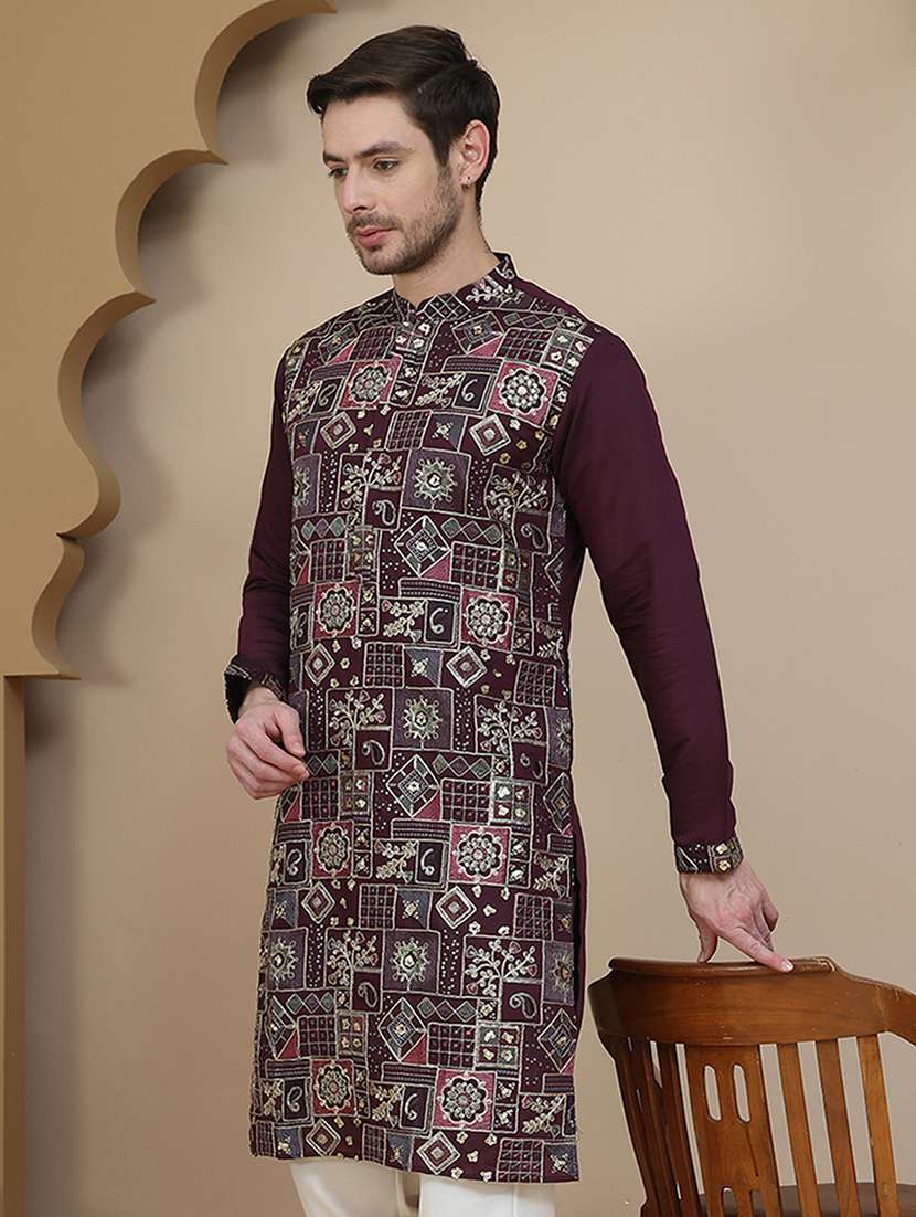 men embroidered mandarin neck long kurta