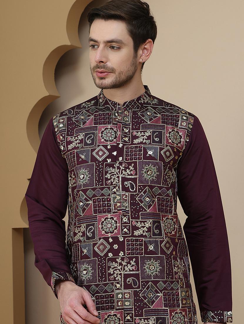 men embroidered mandarin neck long kurta - 21943623 - Standard Image - 2