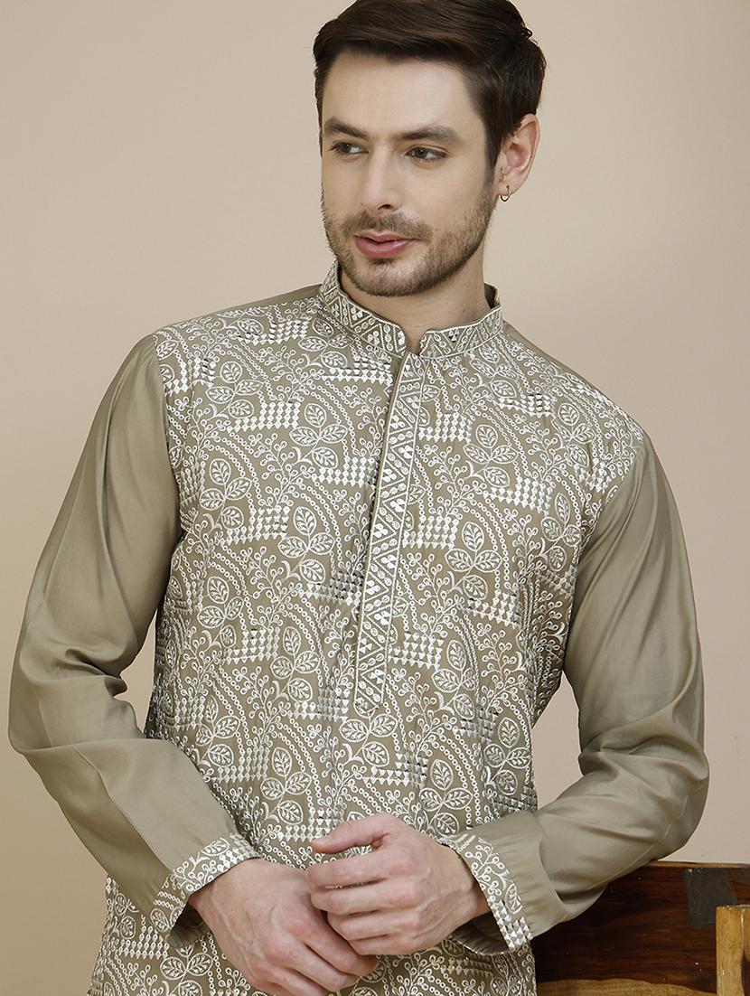 men embroidered mandarin neck long kurta - 21943624 - Standard Image - 2
