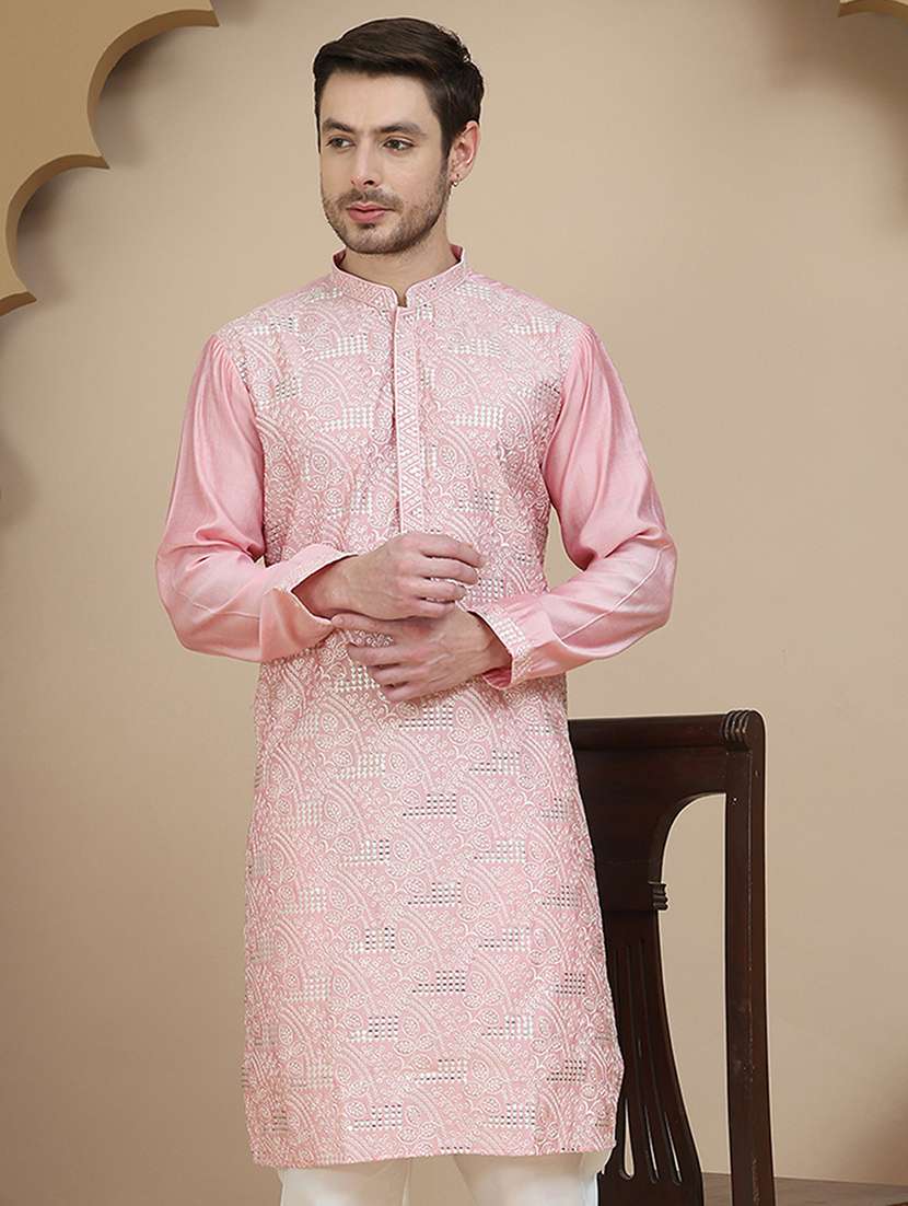 men embroidered mandarin neck long kurta
