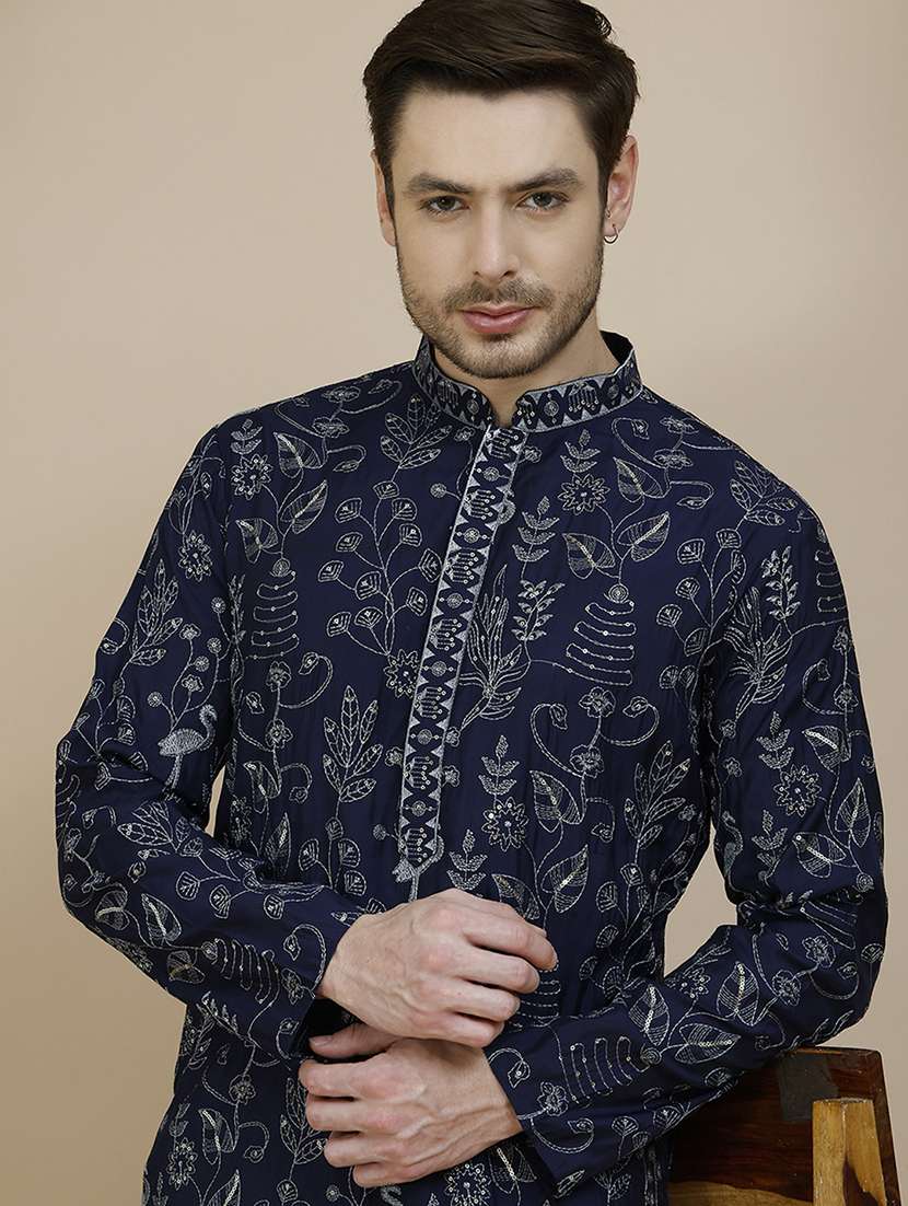 men embroidered mandarin neck long kurta - 21943627 - Standard Image - 2