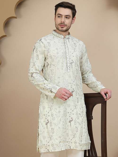 men embroidered mandarin neck long kurta - 21943628 -  Standard Image - 0