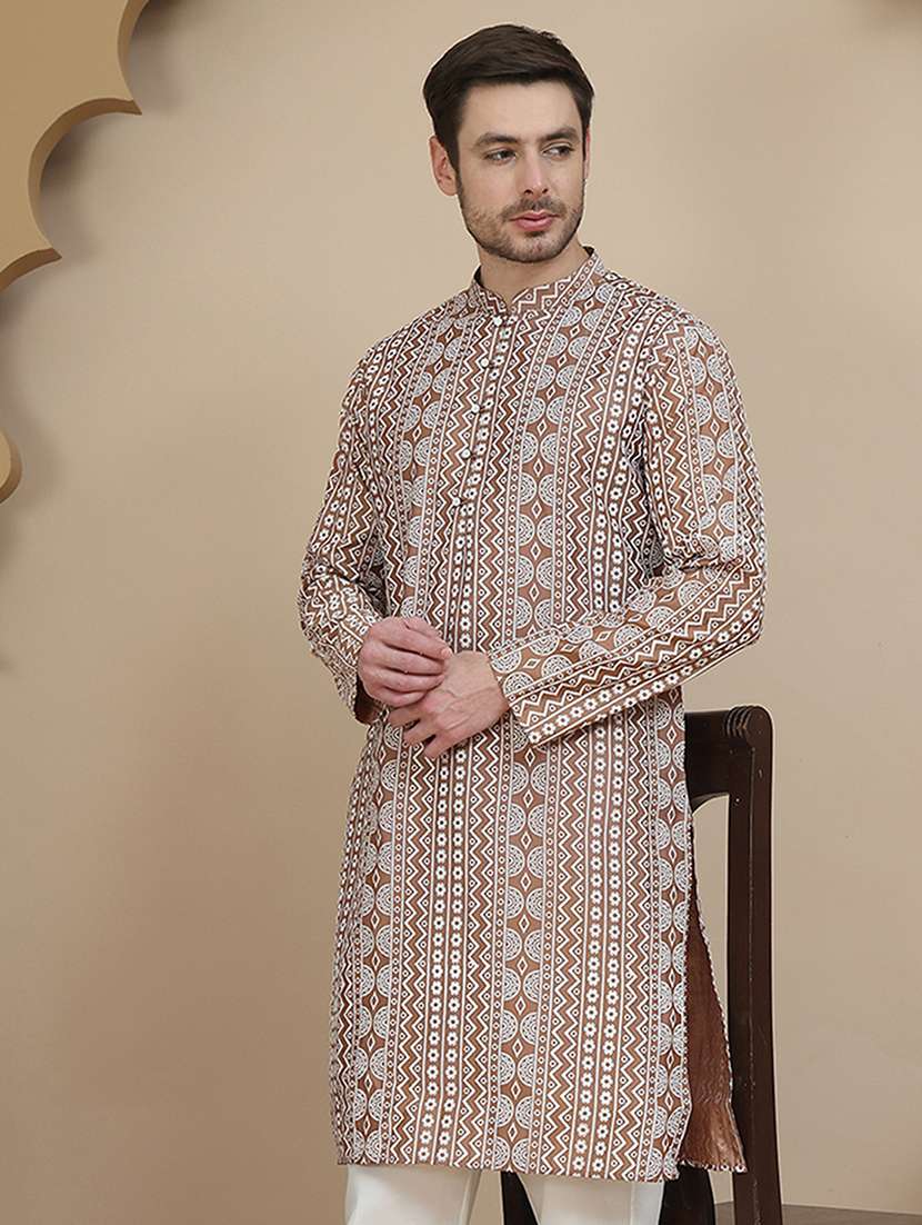 men embroidered mandarin neck long kurta