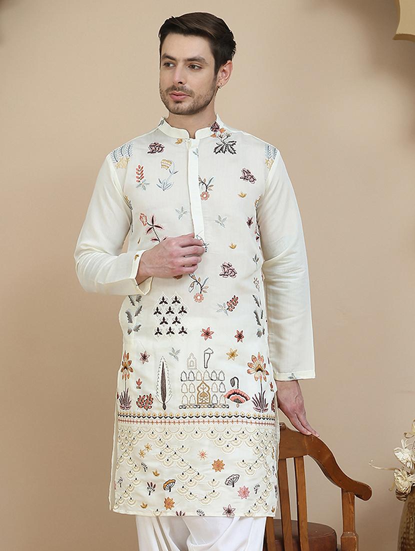 men embroidered mandarin neck long kurta - 21943638 - Zoom Image - 0
