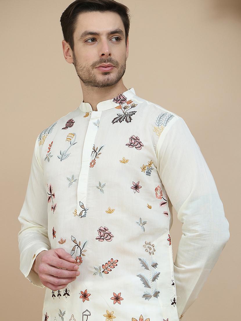 men embroidered mandarin neck long kurta - 21943638 - Standard Image - 2