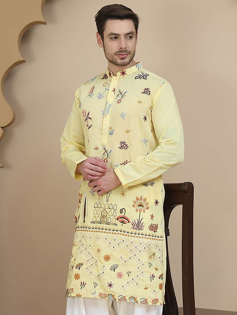 men embroidered mandarin neck long kurta