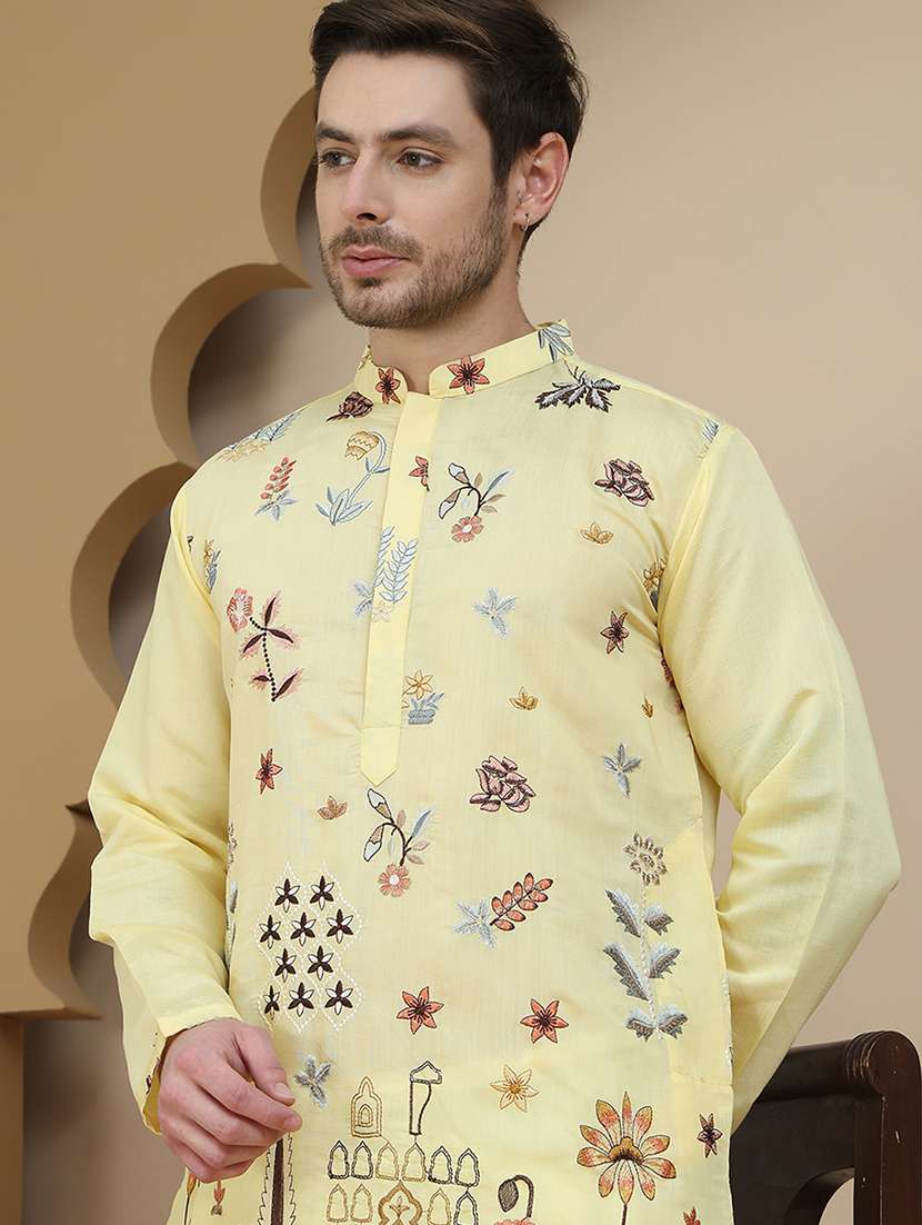 men embroidered mandarin neck long kurta - 21943639 -  Standard Image - 2