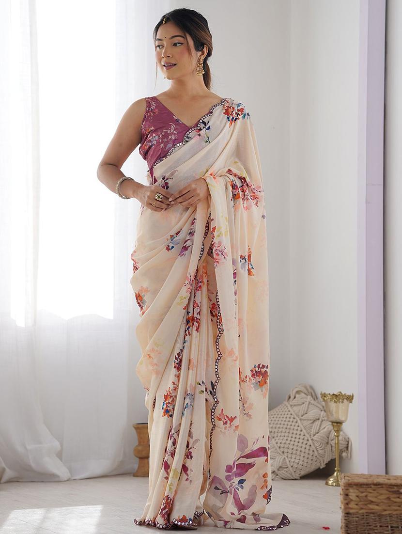 women cream printed saree with blouse - 21943648 - Zoom Image - 0