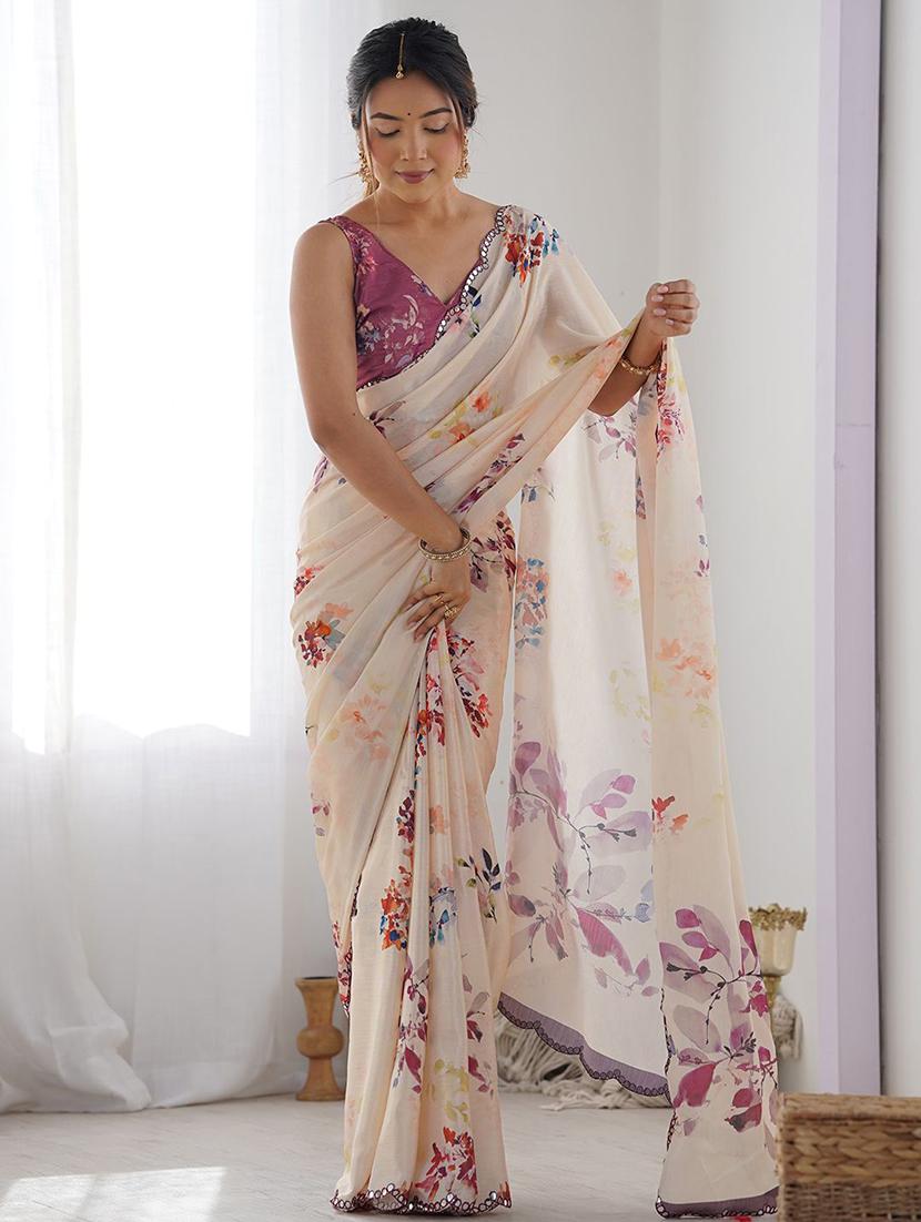 women cream printed saree with blouse - 21943648 - Standard Image - 2