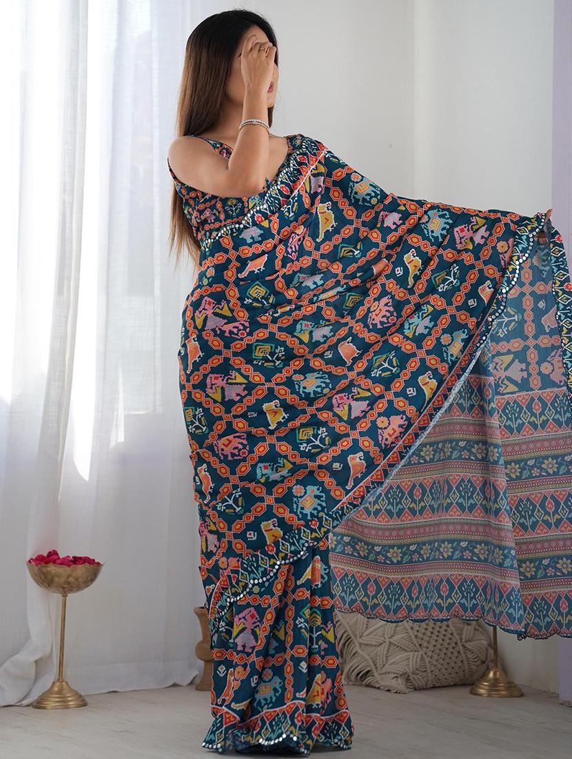 women blue printed patola saree with blouse - 21943649 - Standard Image - 2