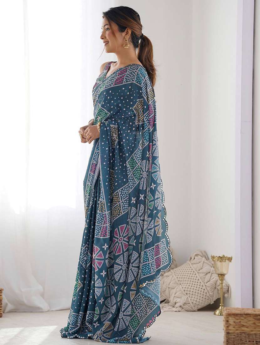 women teal printed saree with blouse - 21943652 -  Standard Image - 2