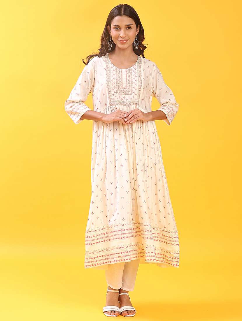women three quarter sleeve flaredkurta - 21943689 -  Standard Image - 2