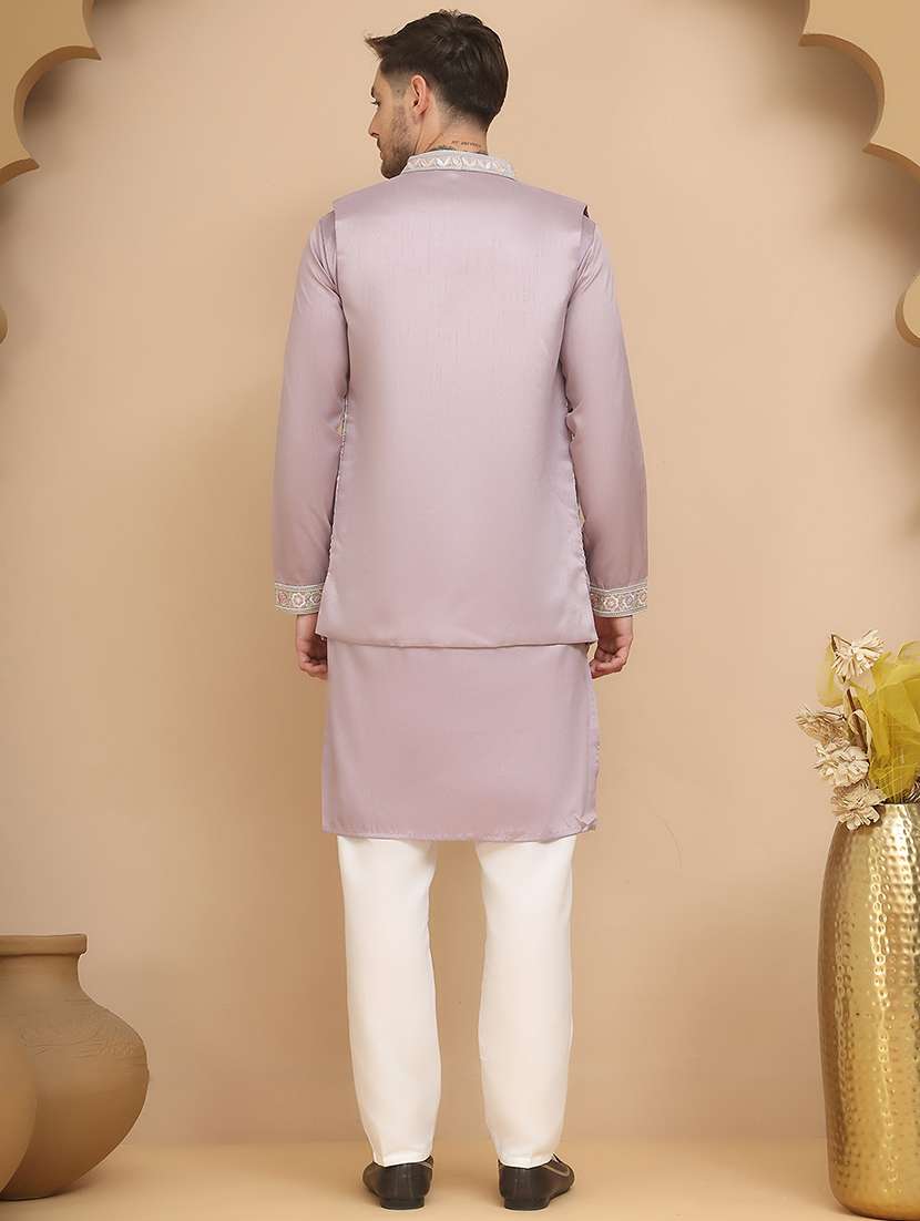 men mandarin neck kurta pyjama with jacket ethnic wear set - 21944461 -  Standard Image - 2