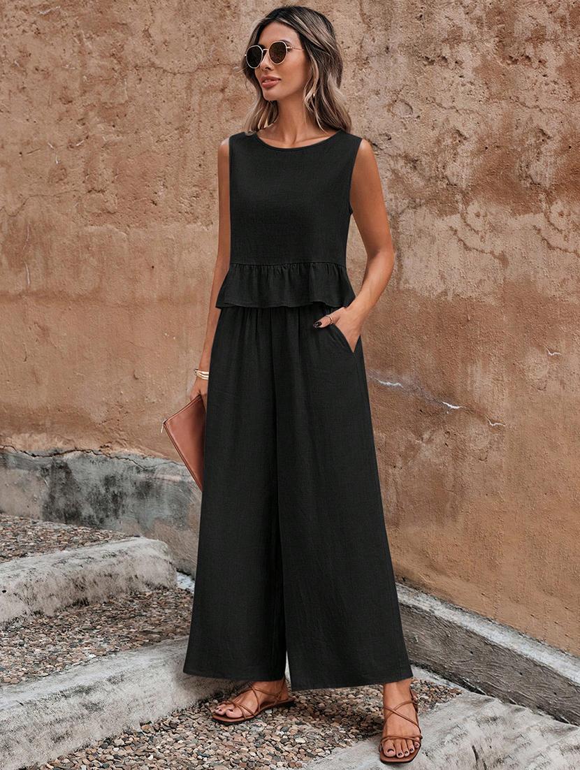 women solid top and trouser co-ord set - 21944487 - Standard Image - 2