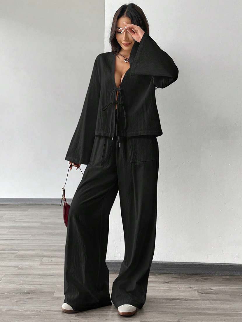 women solid top and trouser co-ord set - 21944489 - Standard Image - 2