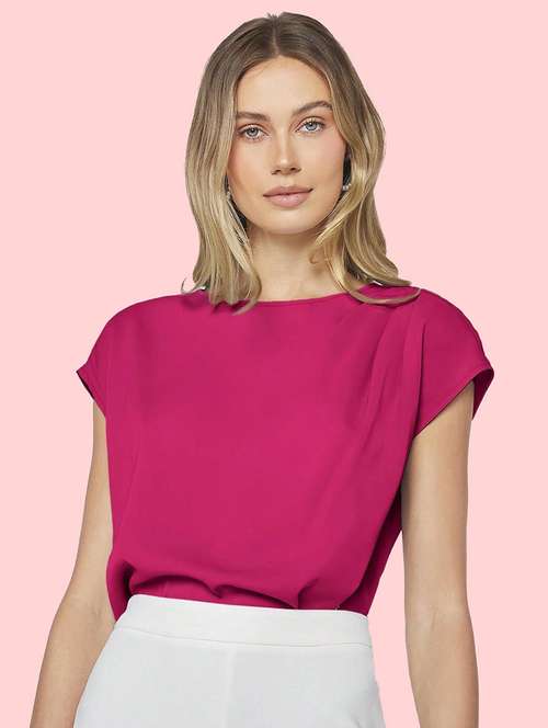 women pink solid short sleeve regular top - 21944525 -  Standard Image - 0