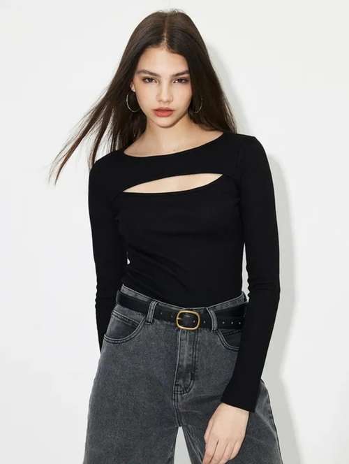 women solid long sleeve cut out top - 21944576 - Standard Image - 0
