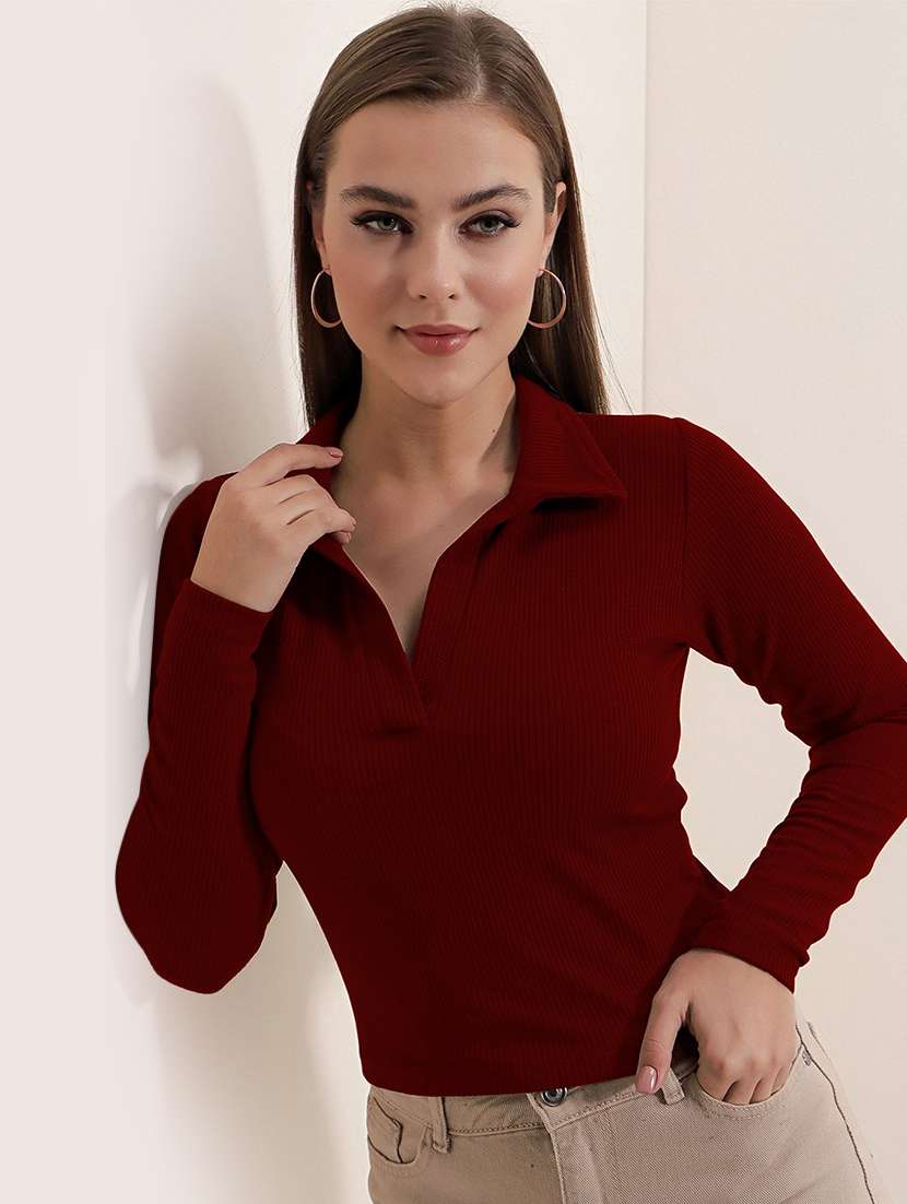 women solid long sleeve collared regular top