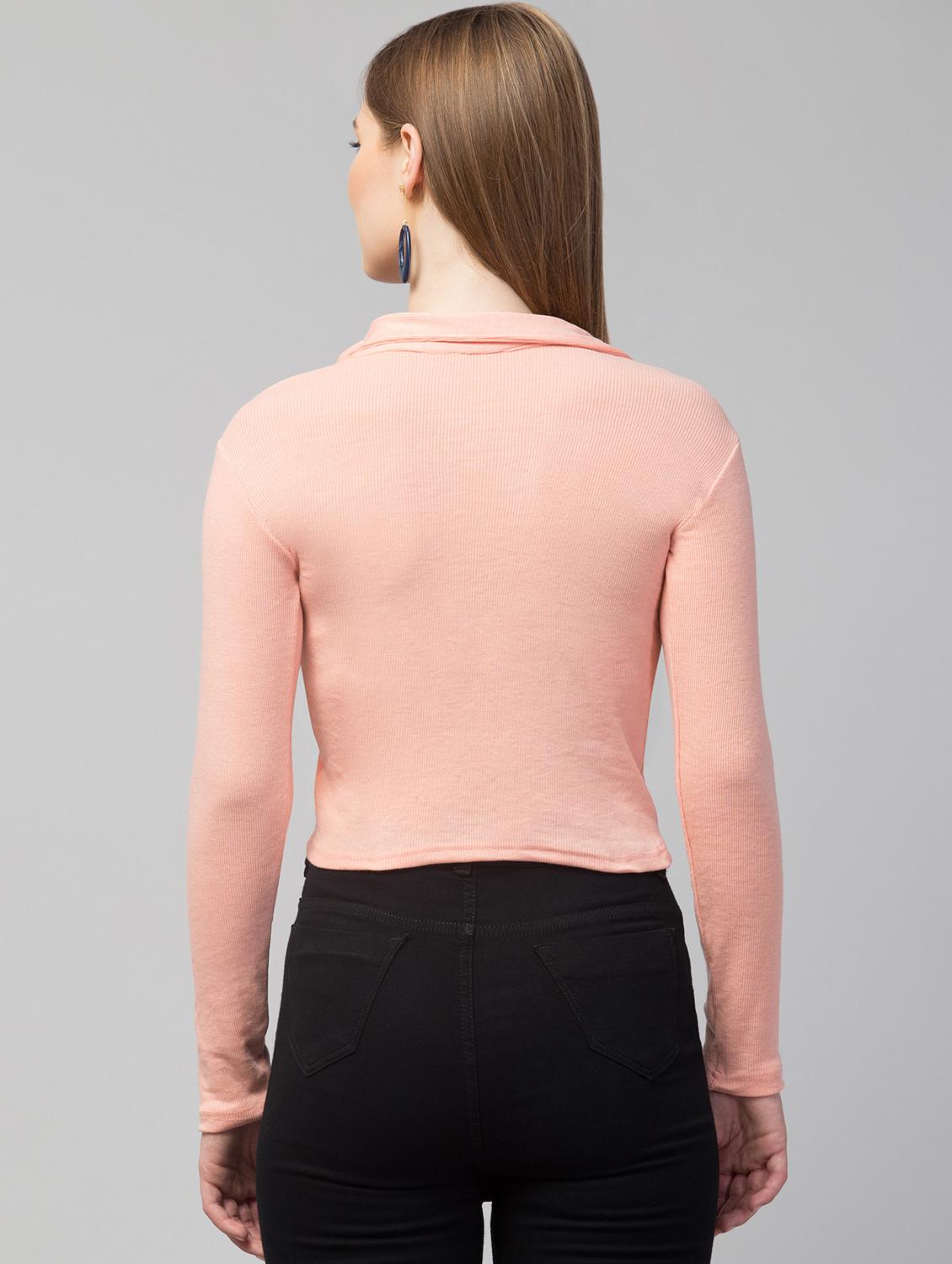 women solid long sleeve collared crop top - 21944644 - Standard Image - 2