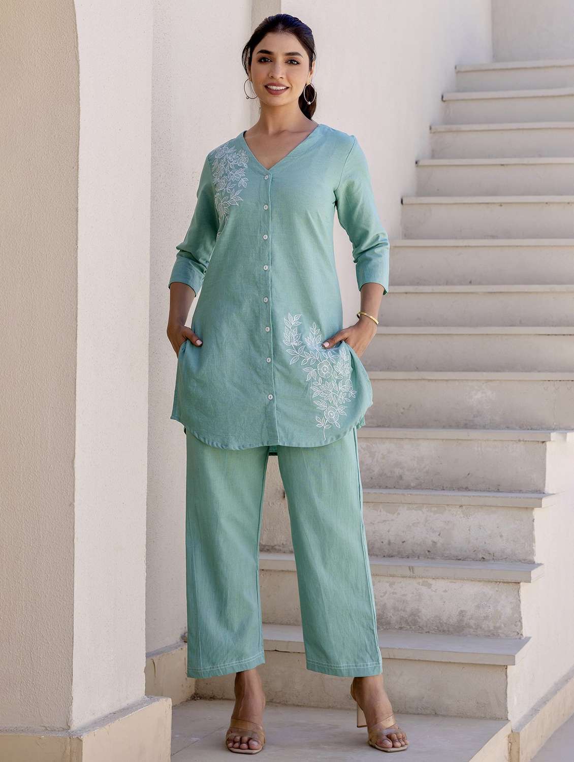 women three quarter sleeve ethnic co-ord set - 21944699 -  Standard Image - 2