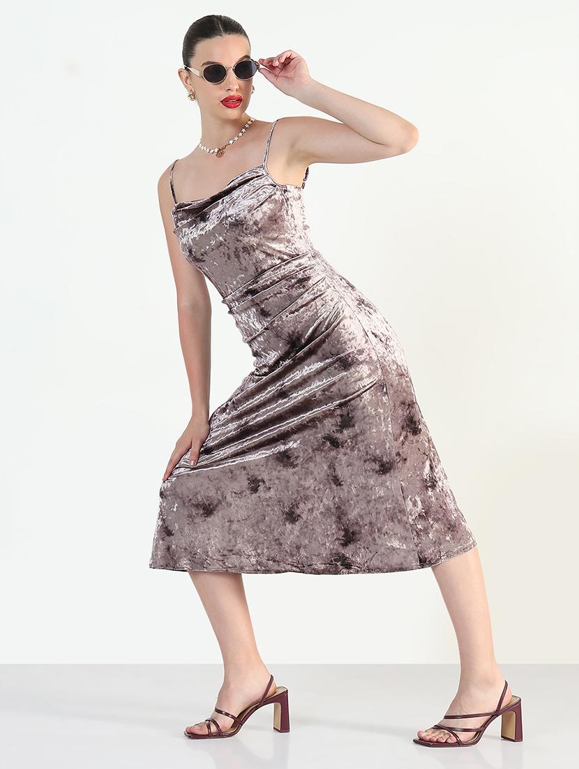 women solid cowl neck shoulder strap a-line dress - 21946341 - Standard Image - 2