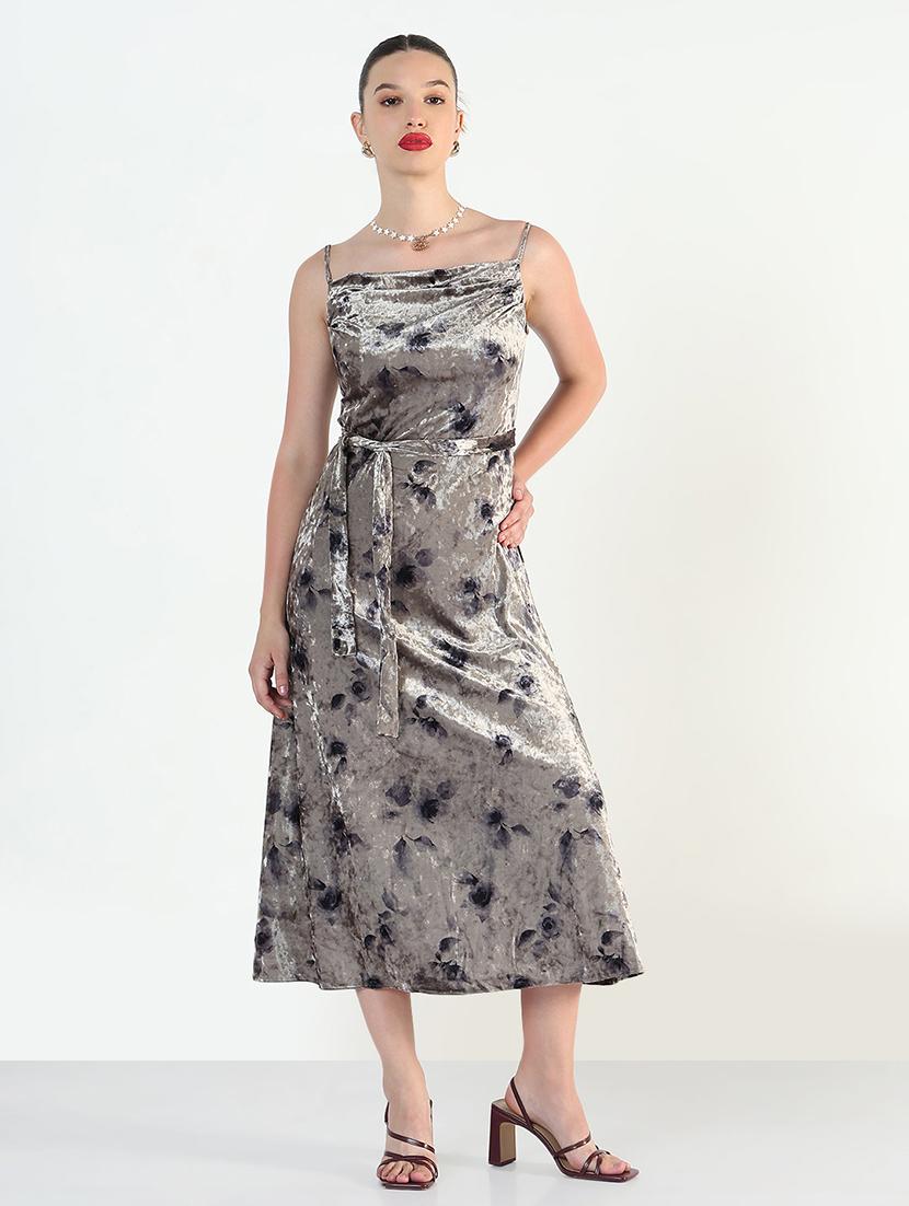floral print velvet shoulder strap midi dress - 21946342 - Standard Image - 2