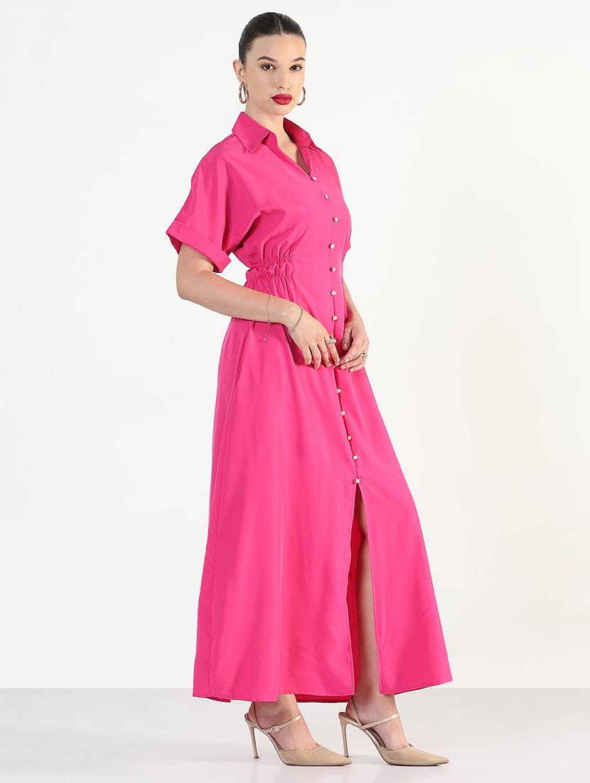 women pink solid collared maxi a-line dress - 21946344 - Standard Image - 2