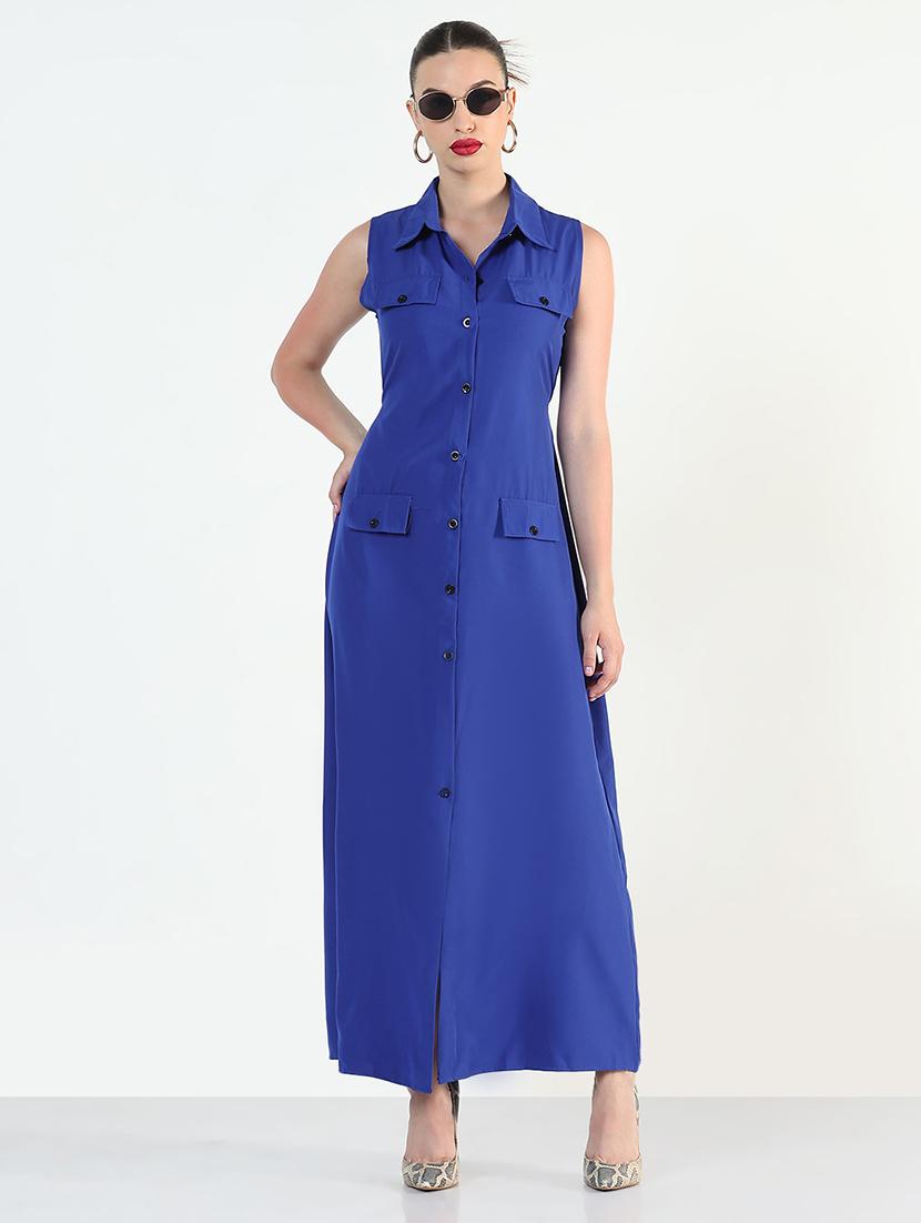 women blue solid collared sleeveless shirt dress - 21946345 - Standard Image - 2