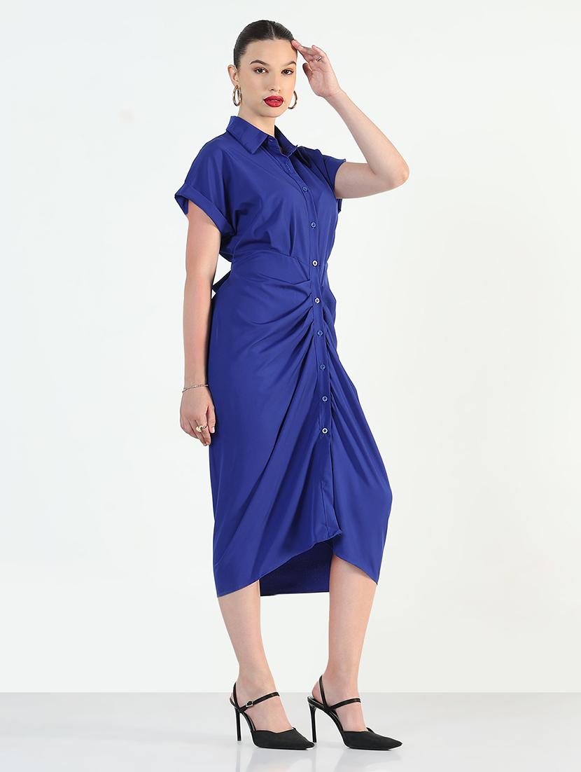 women blue solid collared shirt dress - 21946347 - Standard Image - 2
