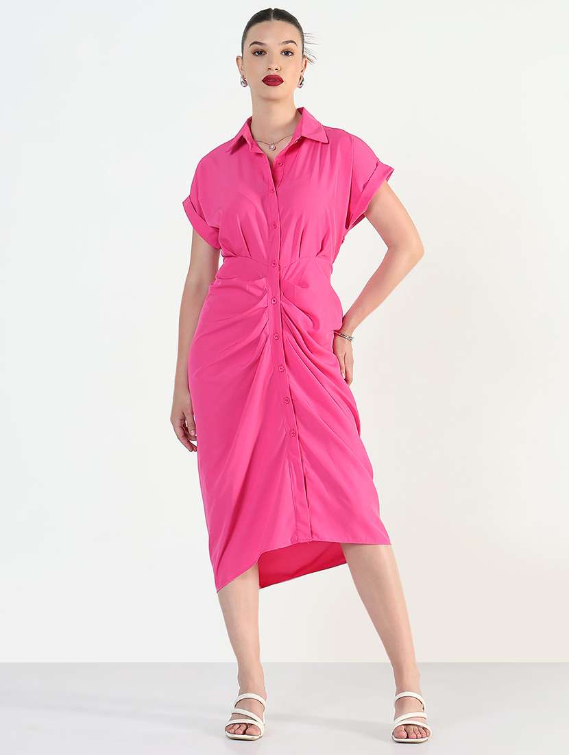 Women Pink Solid Collared Shirt Dress