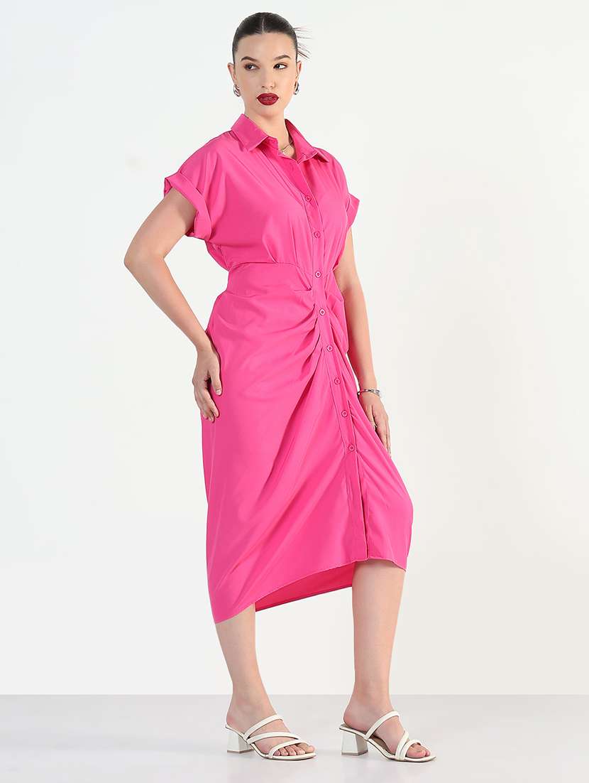 Women Pink Solid Collared Shirt Dress