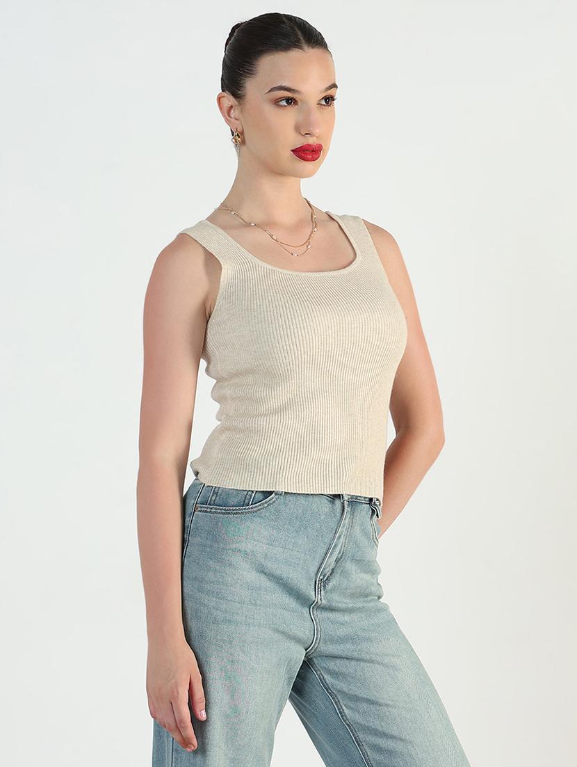 women beige solid sleeveless tank top - 21946360 - Standard Image - 2
