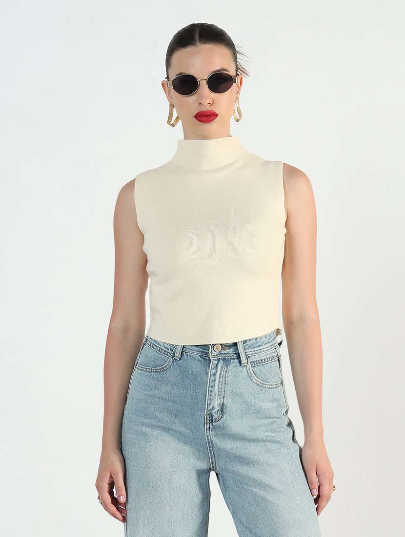 women cream solid high rise sleeveless top - 21946365 -  Standard Image - 2