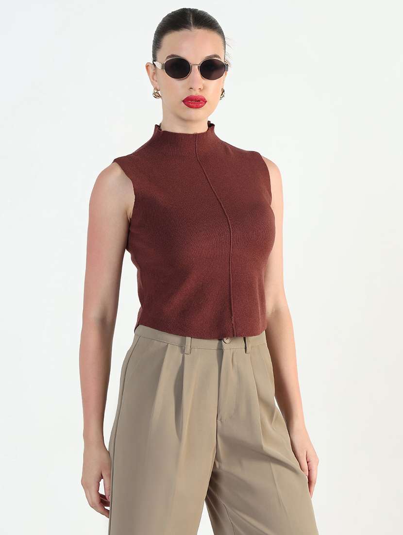 women brown solid high rise sleeveless top - 21946366 -  Standard Image - 2