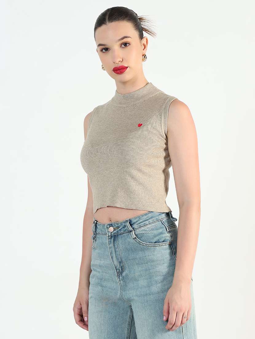 women beige solid high rise sleeveless crop top - 21946367 -  Standard Image - 2