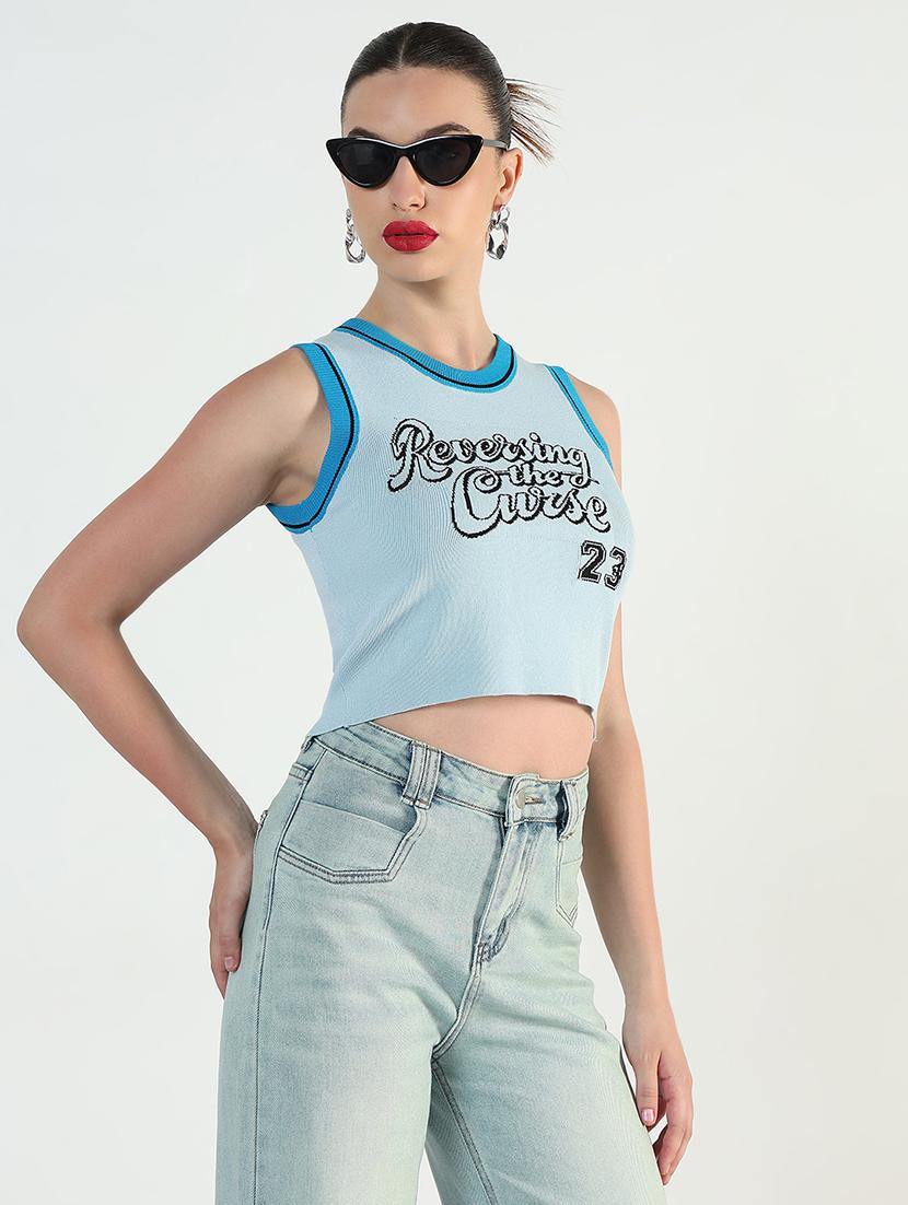 women light blue printed sleeveless tank top - 21946372 - Standard Image - 2