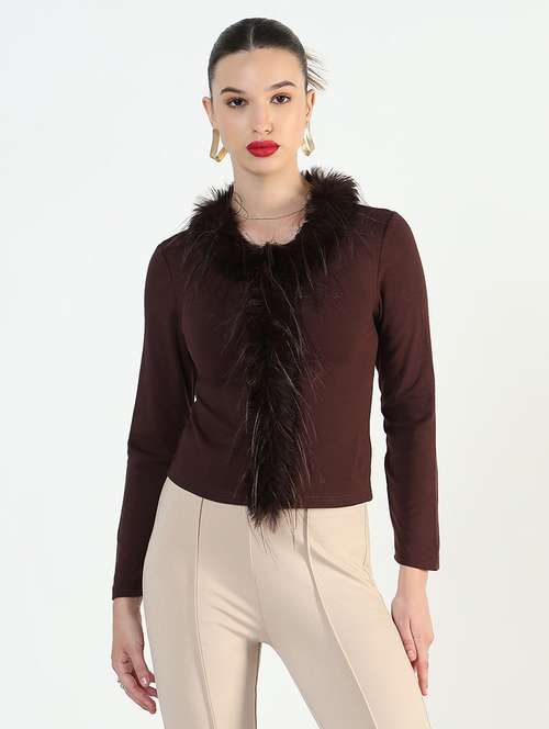 women solid long sleeve fur detailed regular top - 21946373 -  Standard Image - 0